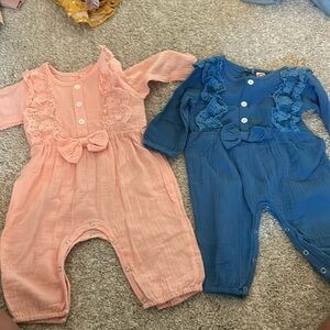 Baby girl rompers, pink and blue, 9-12 months